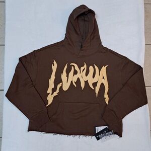 LVXWA Cropped & Frayed Hoodie with a light-colored flame logo - Adult Size SMALL
